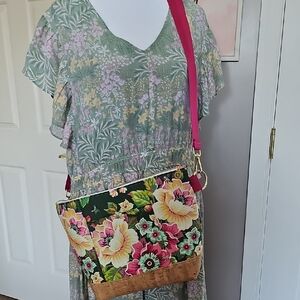 Floral Cork-Trim Crossbody Bag withjPink Strap. 11x15. Deep Large Inside With Tw